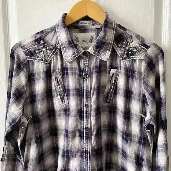 ROAR Western Button Front Shirt Joeley Purple Plaid Rhinestone Size XL - Picture 5 of 16